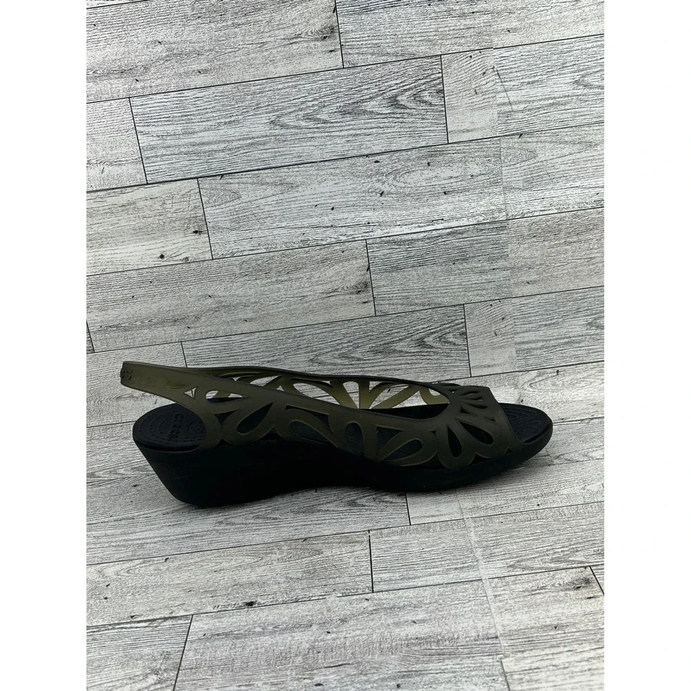 Crocs Adrina‎ III Peep Toe Wedge Sandals Army Green Black Womens 9 14937